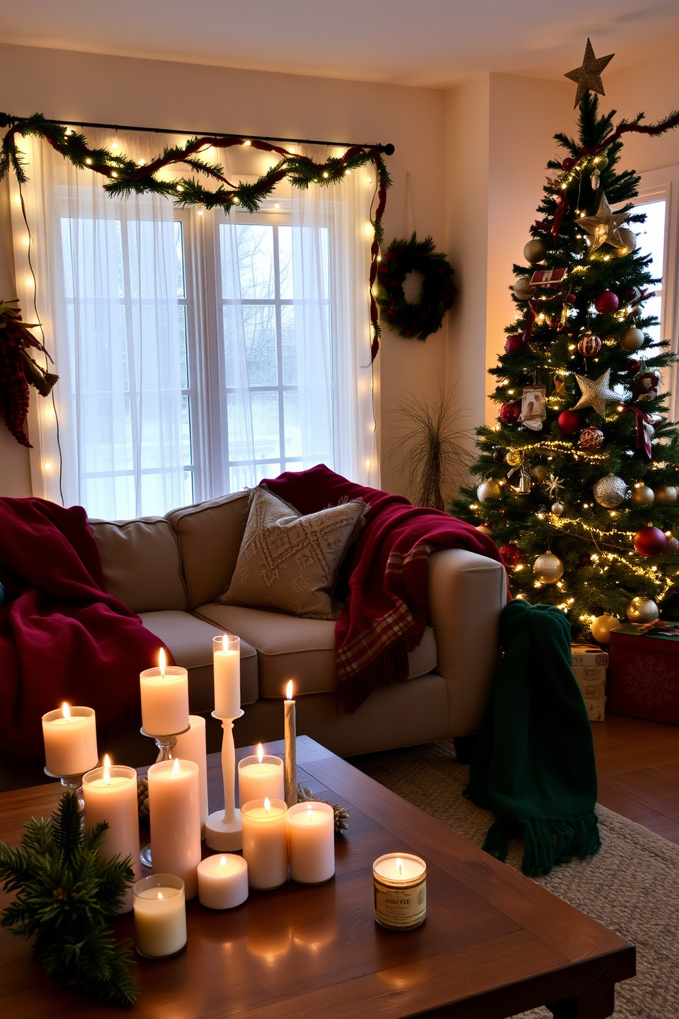 A beautiful winter centerpiece featuring an arrangement of pinecones and assorted greenery. The display is set on a rustic wooden table, accented by soft white candles and delicate fairy lights.
