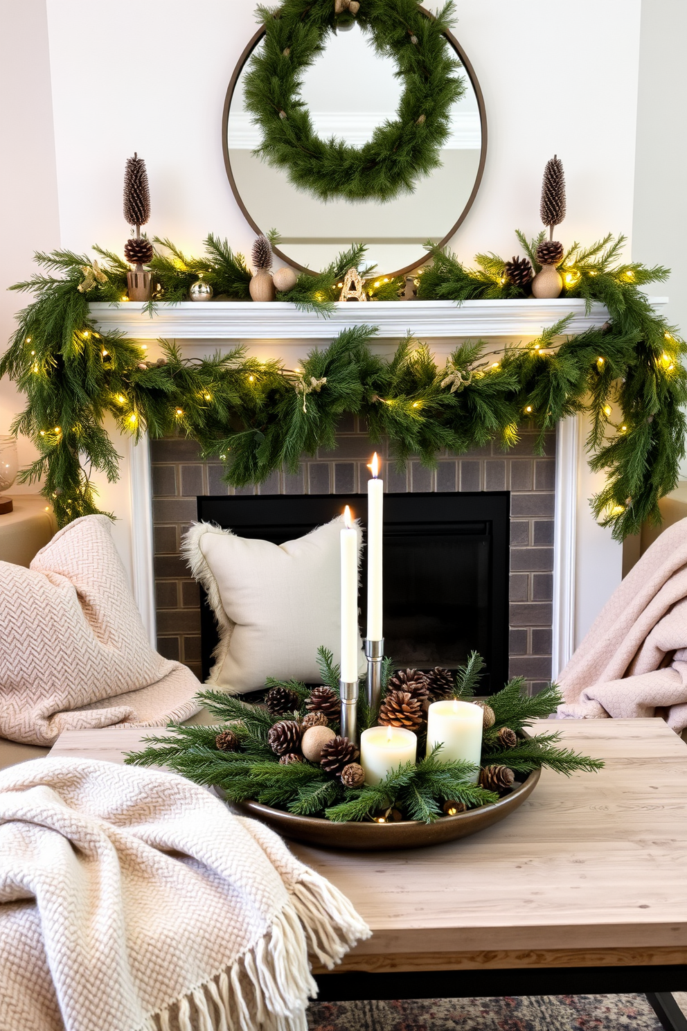 Soft throw pillows in winter hues are scattered across a plush sofa, adding warmth and comfort to the space. The pillows feature a mix of textures, including knitted fabrics and velvet, creating an inviting atmosphere. A cozy knitted blanket drapes over the armrest, complementing the winter color palette. The room is accented with seasonal decor, such as pinecones and evergreen branches, enhancing the festive feel.