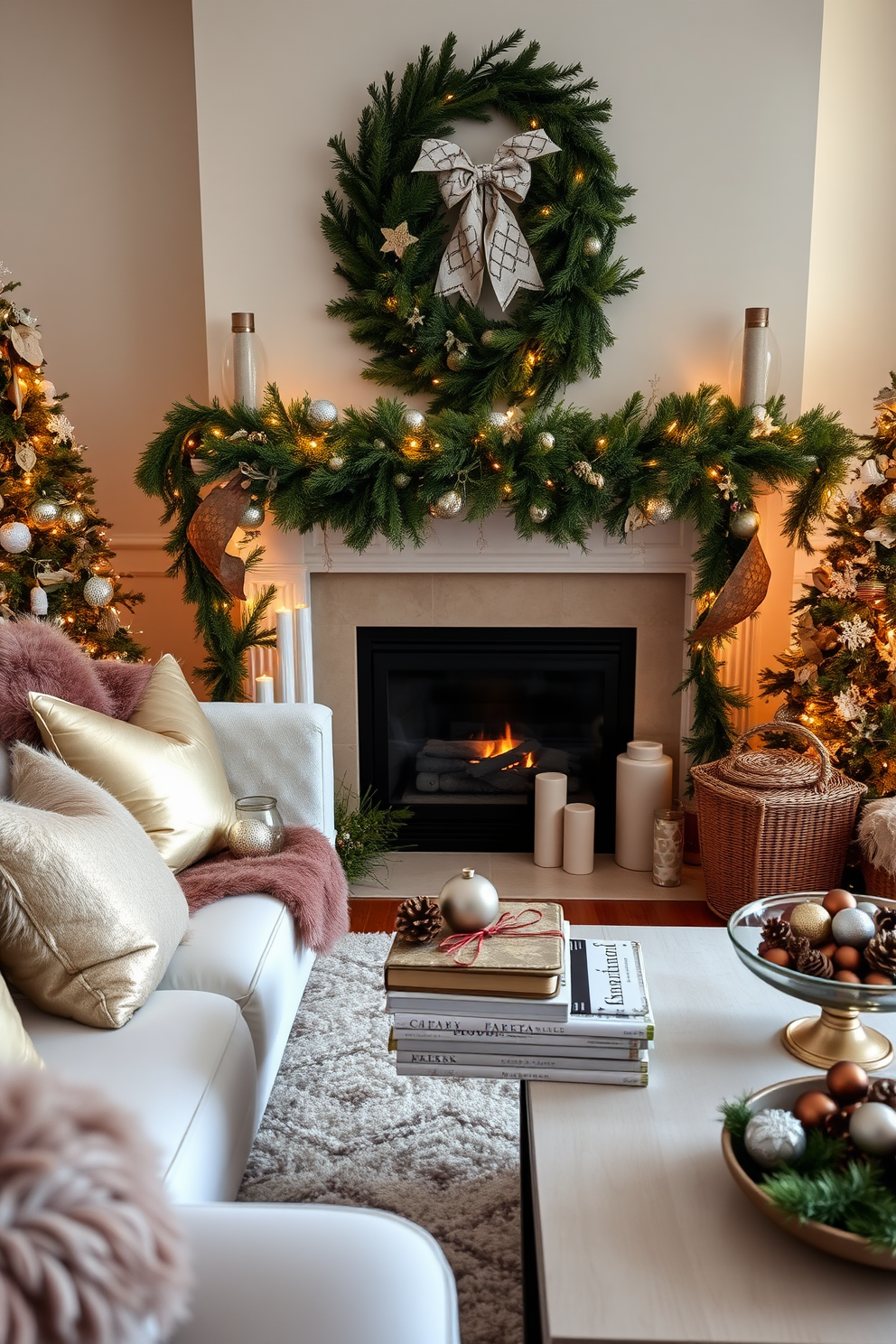 Create a cozy winter living room scene featuring flocked trees adorned with twinkling white lights. The space includes a plush, oversized sectional sofa draped with soft, knitted throws and a large coffee table topped with seasonal decorations. Incorporate a warm fireplace with a rustic mantel decorated with pinecones and candles. The walls are painted in a soft cream color, and the floor is covered with a thick, textured area rug that adds warmth to the space.