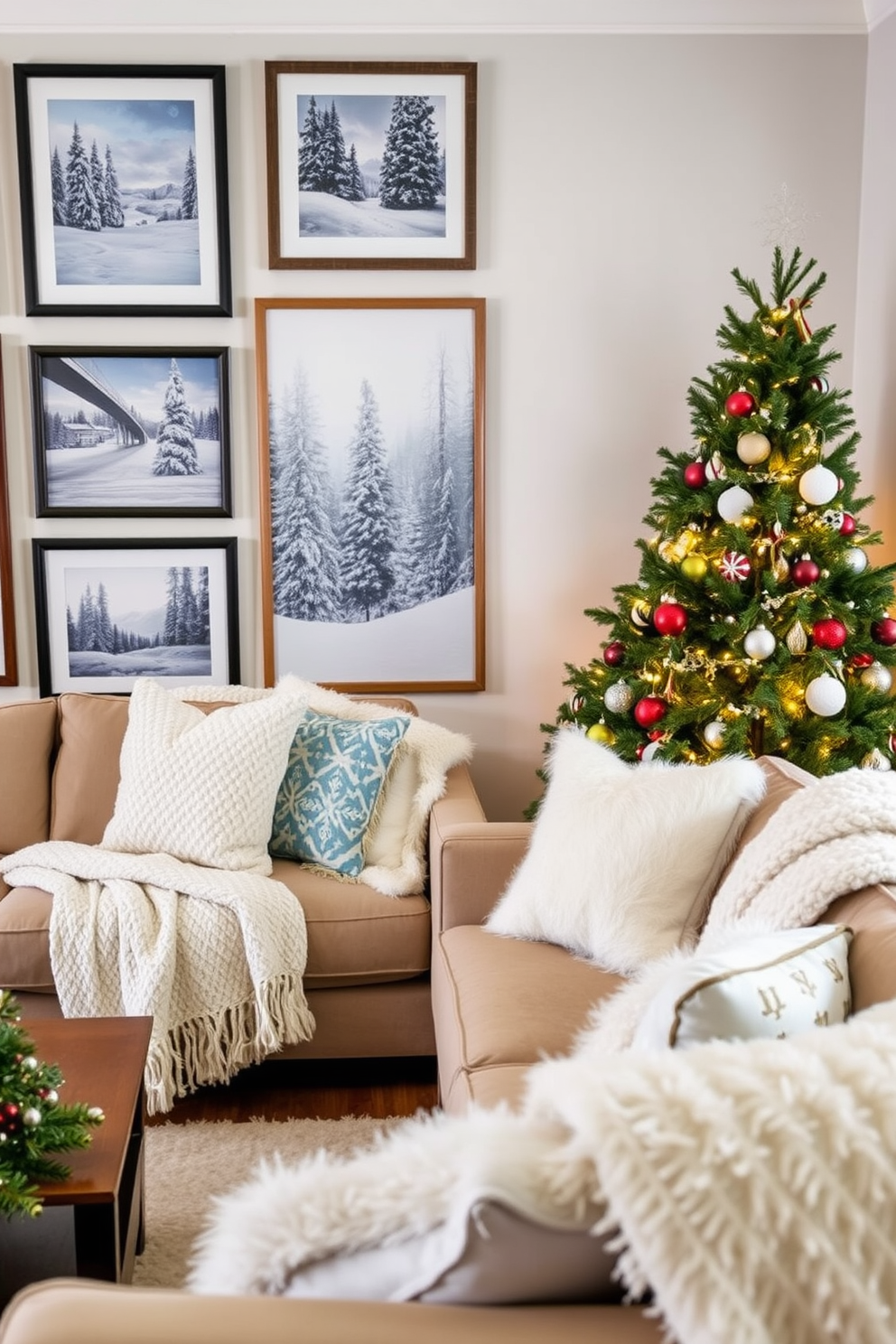 A cozy living room adorned with warm wooden accents throughout the space. The walls are painted in a soft cream color, complementing the rich tones of the wooden furniture and decor. A plush, oversized sofa in a muted earth tone is positioned in the center, surrounded by rustic wooden side tables. Seasonal decorations, such as pinecones and evergreen branches, are tastefully arranged on the coffee table and mantel.