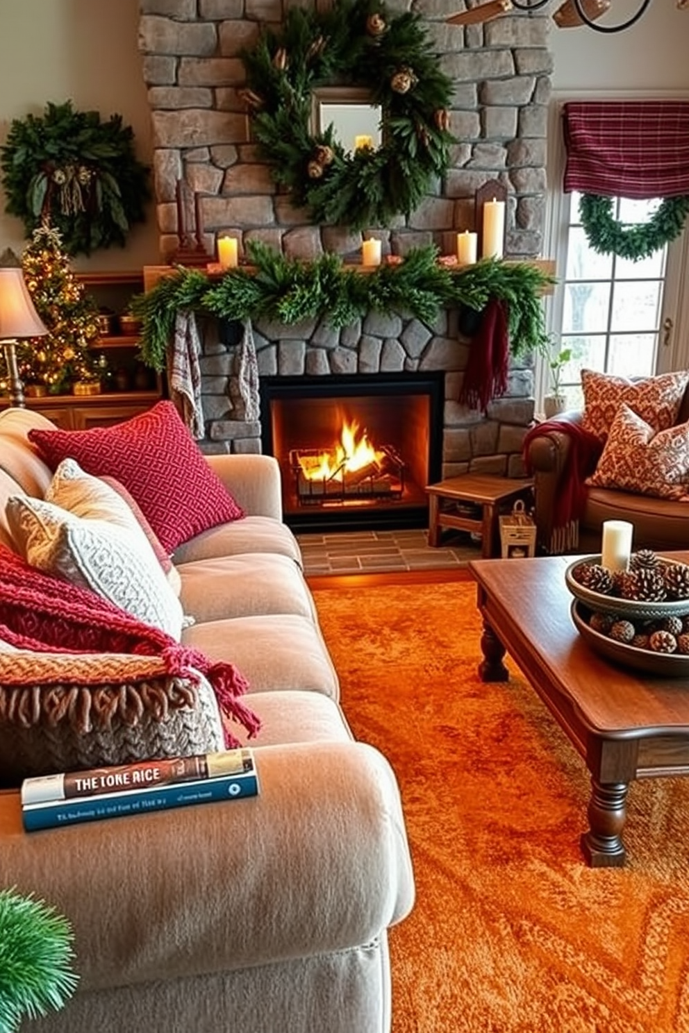 A warm and inviting living room adorned with soft, plush textiles. The space features a large, comfortable sofa draped with a chunky knit throw and an assortment of decorative pillows. On the walls, framed artwork in earthy tones complements the cozy atmosphere. A pair of elegant mirrors hangs above a rustic wooden console table, reflecting the soft glow of candlelight. The room is accented with seasonal decorations, including evergreen branches and twinkling fairy lights. A plush area rug anchors the space, adding warmth to the hardwood floor.