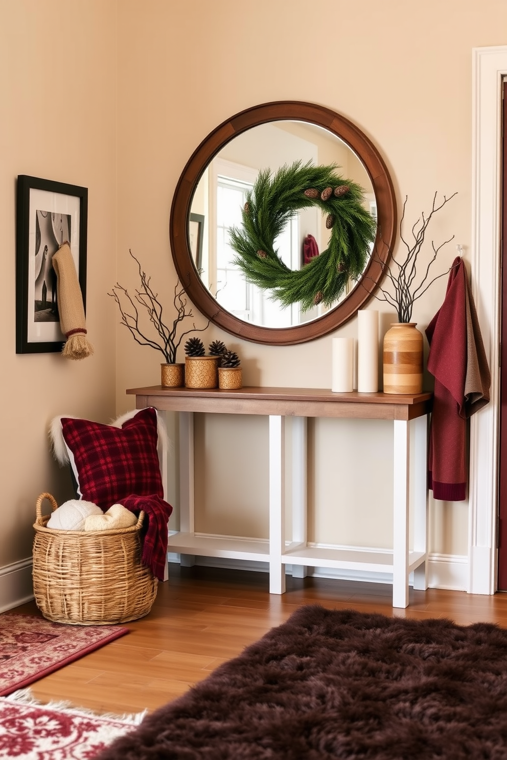 A cozy winter entryway adorned with warm color schemes. The walls are painted in a soft beige, complemented by a rich burgundy accent bench and a woven basket filled with blankets. A large round mirror with a wooden frame hangs above a console table, which is decorated with a few pinecones and a seasonal wreath. Plush area rugs in warm tones cover the floor, inviting guests to step inside and feel at home.