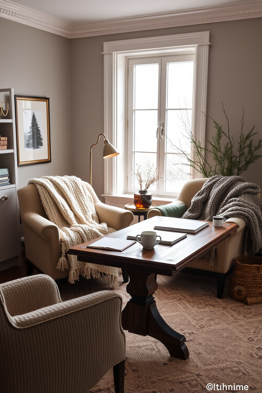 Cozy knit blankets are elegantly draped over plush armchairs in a warm and inviting winter home office. The room features a large window with soft natural light streaming in, highlighting a rustic wooden desk adorned with stylish stationery and a steaming mug of tea.