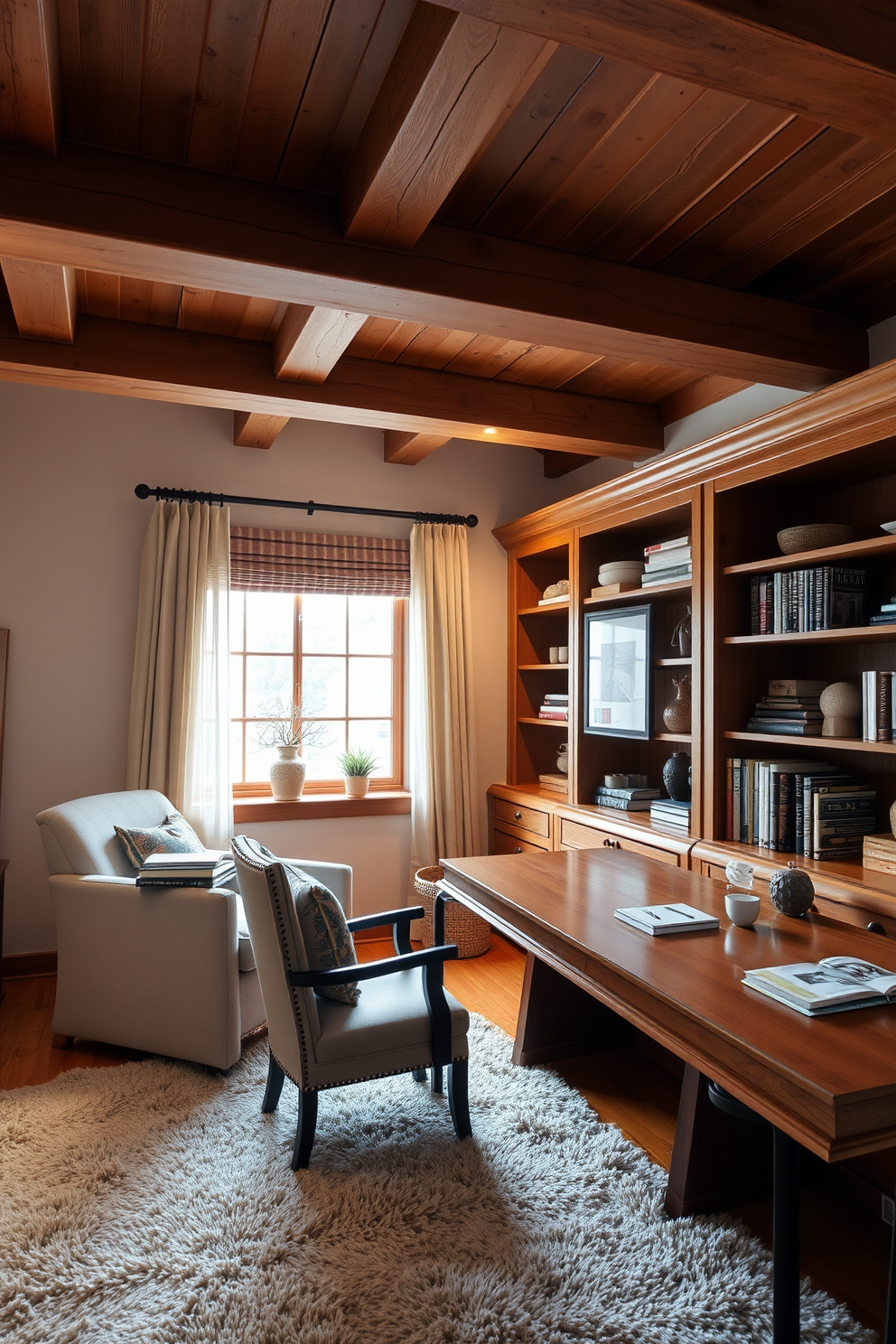 A cozy winter home office featuring wooden elements for a rustic touch. The room has exposed wooden beams on the ceiling and a large wooden desk with a warm finish. A comfortable armchair upholstered in soft fabric sits beside a wooden bookshelf filled with books and decorative items. A plush area rug adds warmth to the space, while a window adorned with sheer curtains lets in natural light.