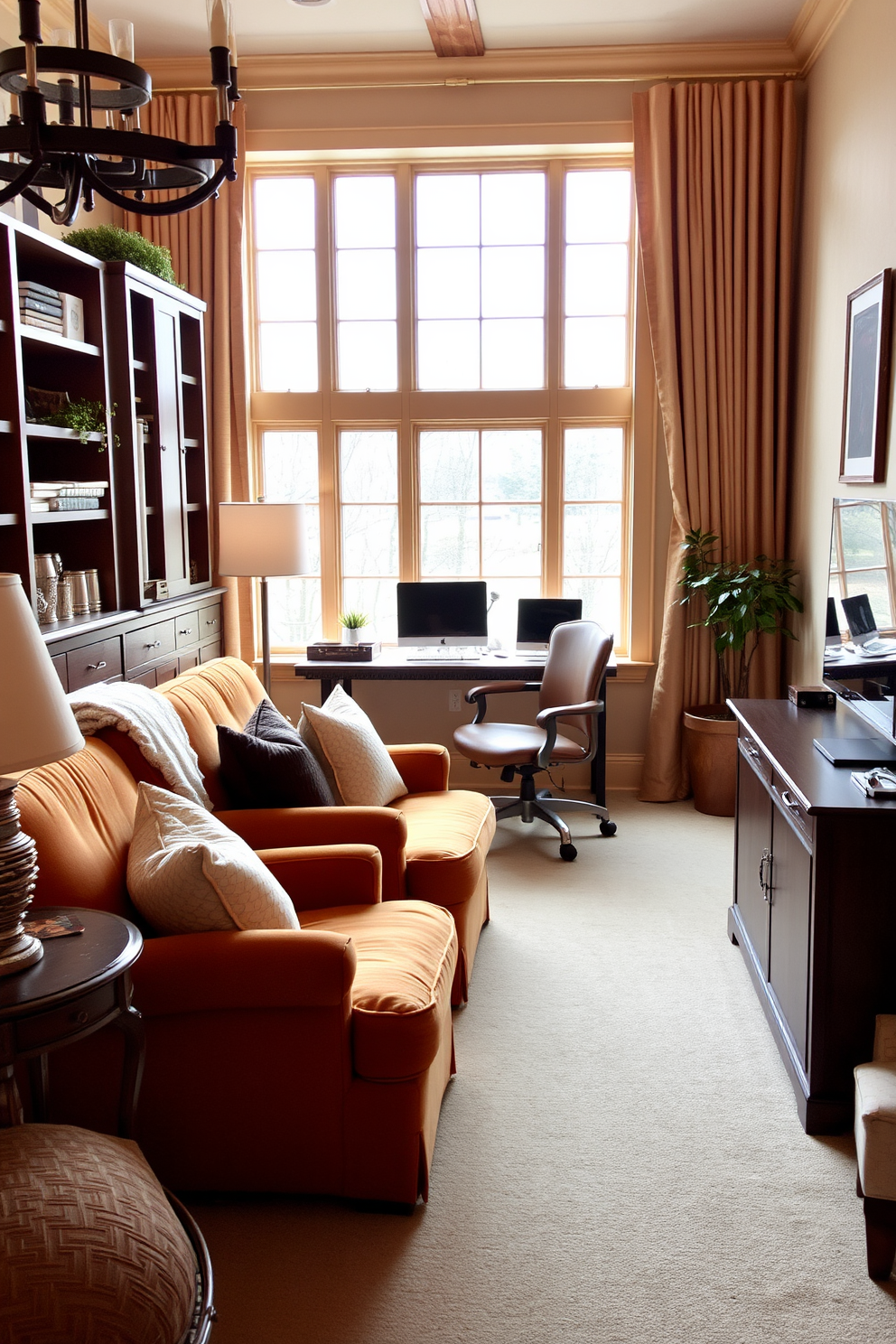 A cozy winter home office features comfortable seating with plush upholstery in a warm, inviting color. The room is adorned with soft lighting and a large window that allows natural light to fill the space, creating a serene atmosphere for productivity.
