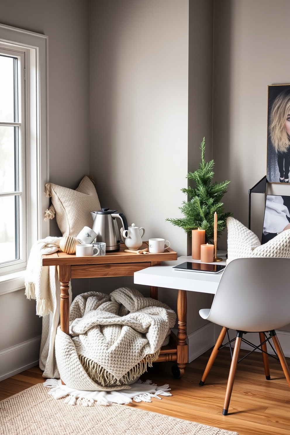 A hot beverage station designed for cozy breaks features a rustic wooden cart adorned with a collection of artisanal mugs and a sleek electric kettle. The cart is surrounded by plush blankets and soft pillows, creating an inviting nook perfect for enjoying warm drinks. For winter home office decorating ideas, imagine a serene workspace with a large window allowing natural light to flood in. The desk is styled with seasonal decor, including a small evergreen tree and warm-toned candles, enhancing the cozy atmosphere while maintaining functionality.