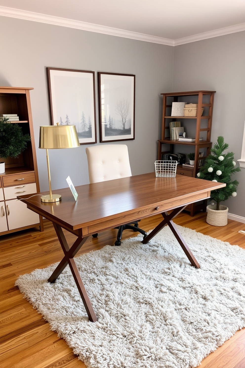 A cozy winter home office setting with a large wooden desk featuring metallic accents such as a sleek gold lamp and a silver desk organizer. The walls are painted a soft gray, and a plush area rug in a warm tone covers the hardwood floor, creating a welcoming atmosphere.