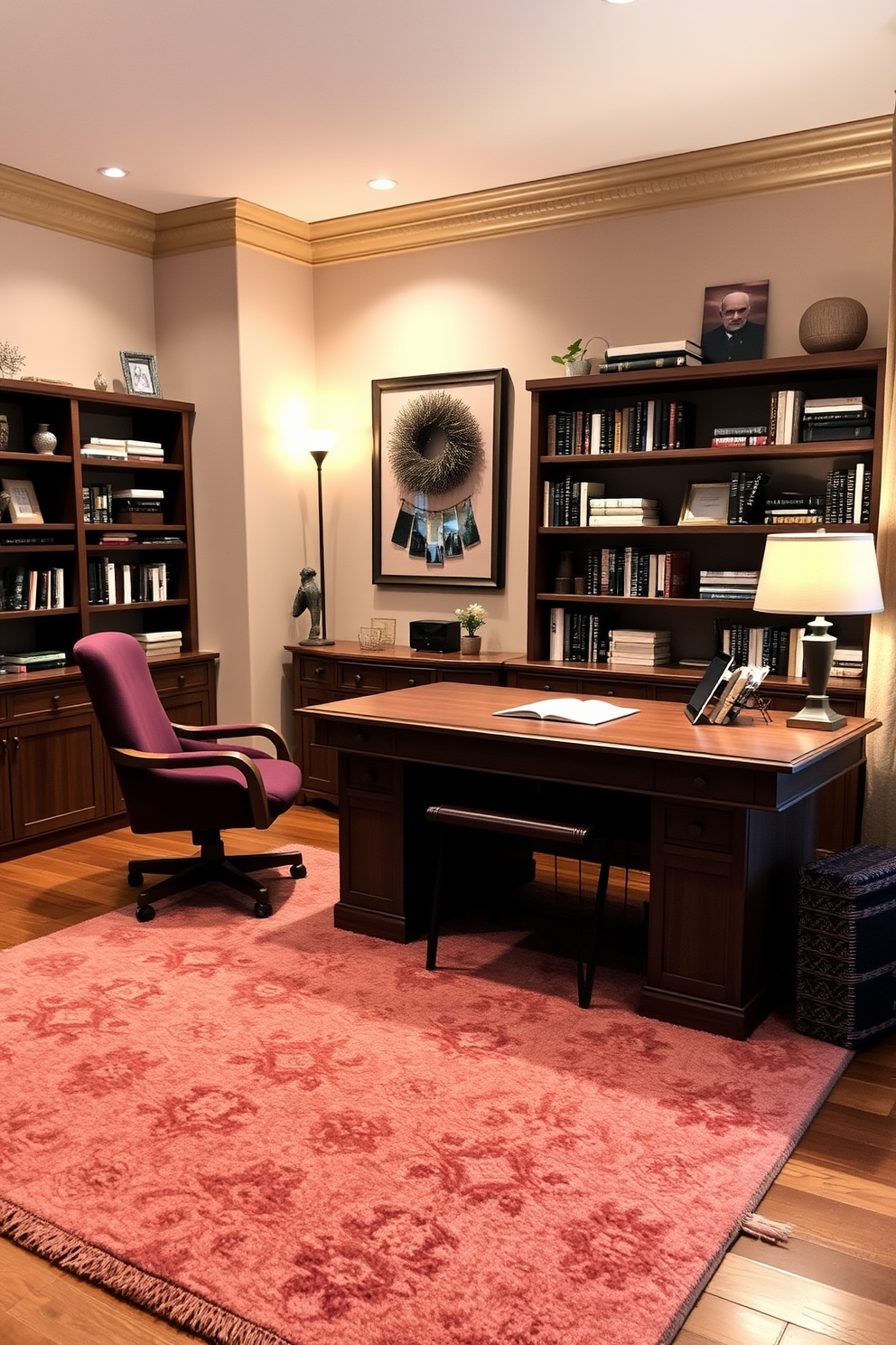 A cozy winter home office decorated with a warm color palette. The walls are painted in a soft beige, and a plush area rug in warm tones covers the hardwood floor. A large wooden desk with a rich walnut finish sits against the wall, paired with a comfortable upholstered chair in a deep burgundy fabric. Shelves filled with books and decorative items line the walls, accented by warm ambient lighting from a stylish desk lamp.