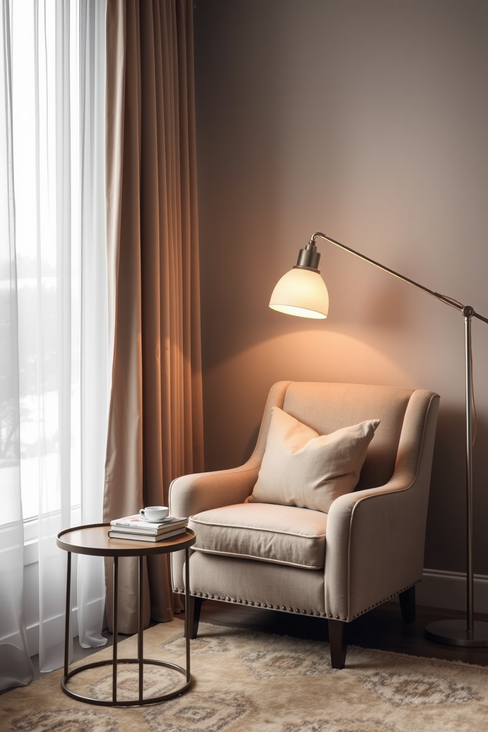 Create a cozy reading nook featuring a plush armchair upholstered in a soft, neutral fabric. A small side table sits beside the chair, holding a stack of books and a warm cup of tea. The nook is illuminated by a stylish floor lamp with a warm glow, casting a soft light on the space. A large window nearby offers a view of a winter landscape, while sheer curtains gently filter the light.