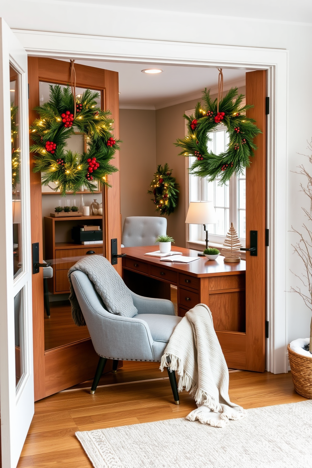 A cozy winter home office setting. The office doors are adorned with seasonal wreaths made of pine branches, berries, and twinkling lights. Inside, a large wooden desk is positioned by a window, with a plush armchair in a soft gray fabric. A warm throw blanket is draped over the armchair, and a small potted plant sits on the desk to add a touch of greenery.