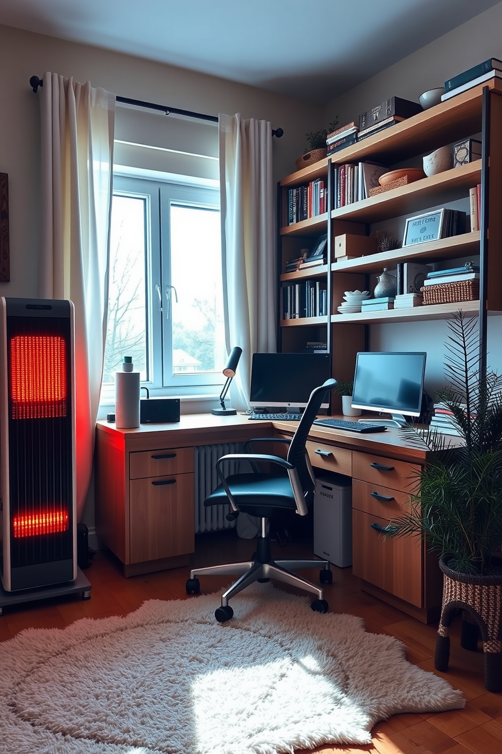 A cozy winter home office setting featuring a modern electric heater against one wall, providing warmth and ambiance. The room is adorned with a large wooden desk, a comfortable ergonomic chair, and shelves filled with books and decorative items. Natural light floods in through a large window dressed with soft curtains, illuminating the space. A plush area rug lies beneath the desk, while a decorative plant adds a touch of greenery to the room.