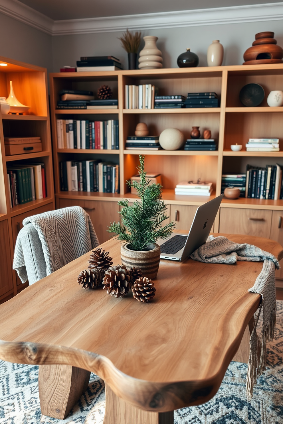 A cozy winter home office setting featuring a large wooden desk with a natural finish. The desk is adorned with pinecones, a warm throw blanket, and a small potted evergreen plant for a touch of nature. Behind the desk, a wall of bookshelves displays an array of books and decorative items made from organic materials. Soft, warm lighting illuminates the space, creating an inviting atmosphere perfect for productivity during the winter months.