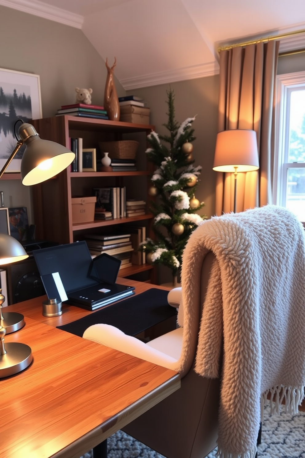 A cozy winter home office setting featuring warm lighting from stylish desk lamps. The room includes a wooden desk adorned with a plush chair and a soft throw blanket draped over the back.