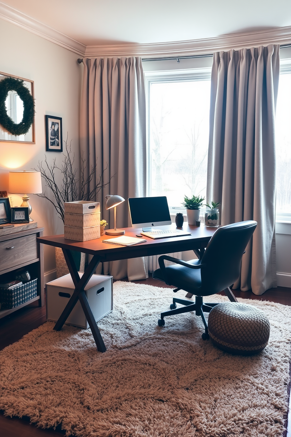 A cozy winter home office setting. The room features a wooden desk adorned with decorative storage boxes that neatly organize clutter, creating a clean and inviting workspace. Soft, warm lighting illuminates the space, enhancing the rich textures of a plush area rug underfoot. A large window allows natural light to flood in, framed by thick, cozy curtains that add a touch of elegance.