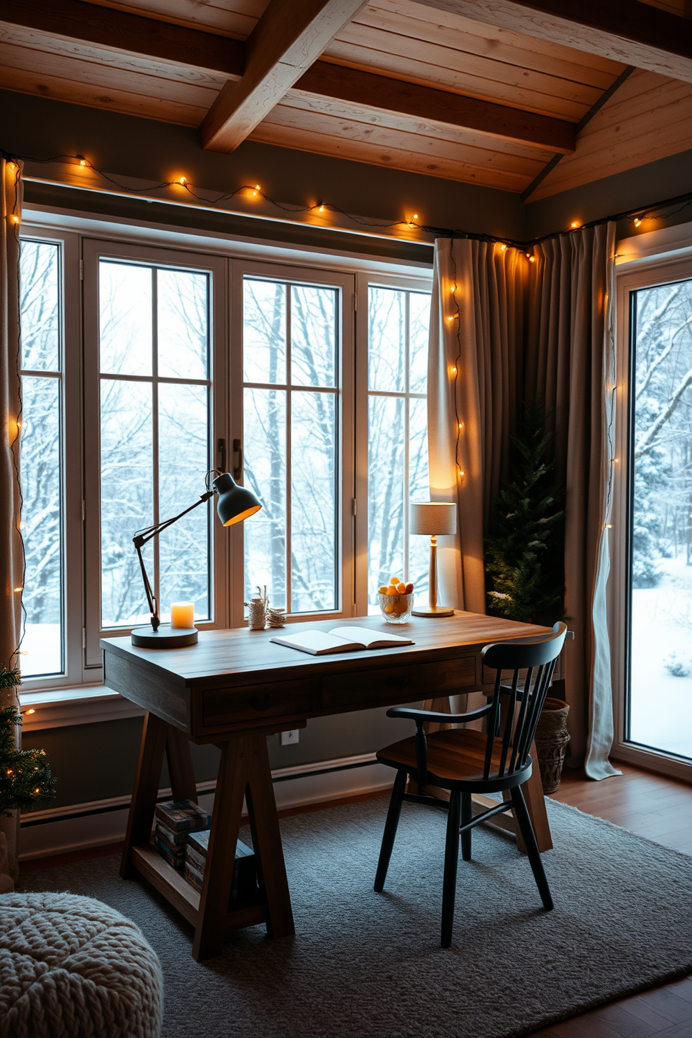 A cozy winter home office features a large wooden desk positioned near a window with a view of snow-covered trees outside. Soft, warm lighting is provided by a stylish desk lamp and strings of fairy lights draped along the walls, creating a festive and inviting atmosphere.