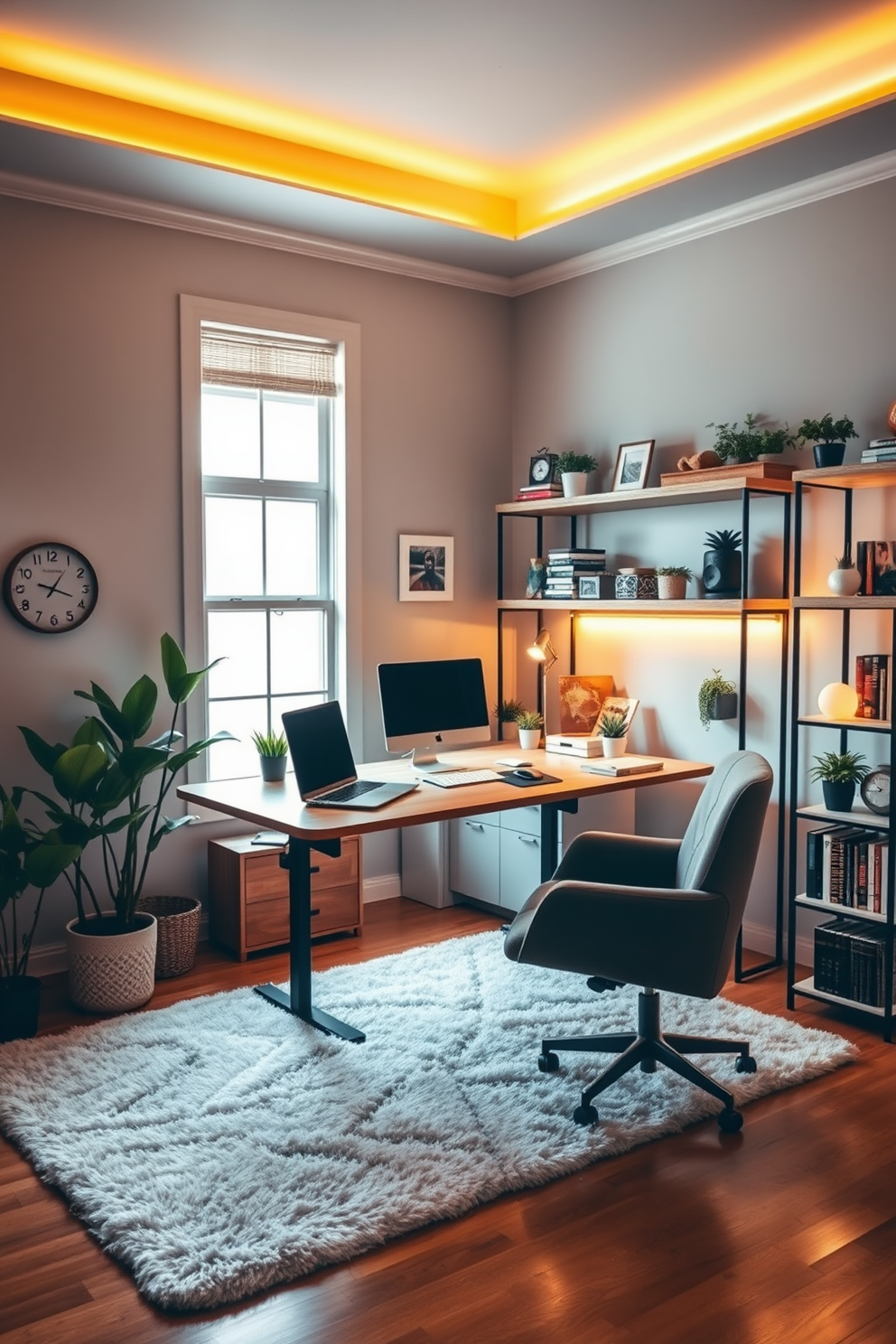 A modern home office featuring an adjustable desk designed for ergonomic comfort. The space includes a cozy armchair, warm lighting, and a large window that lets in natural light, creating an inviting atmosphere. The walls are painted in a soft gray tone, and a plush area rug adds warmth to the hardwood floor. Decor elements include potted plants, a stylish clock, and organized shelves filled with books and decorative items.