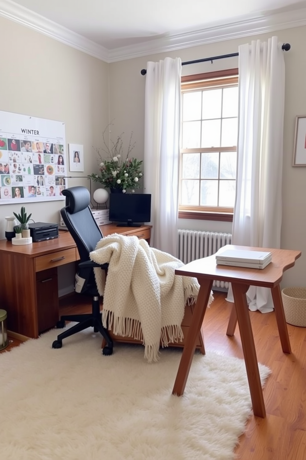 A stylish home office designed for winter. The room features a large wooden desk with a comfortable ergonomic chair, and a wall-mounted calendar filled with seasonal decorating ideas. Natural light floods the space through a large window adorned with sheer white curtains. Cozy accents like a plush area rug and a warm throw blanket drape over the chair, creating an inviting atmosphere.