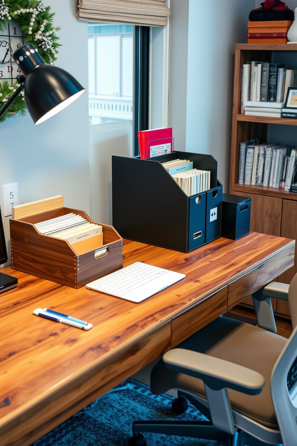 Create a cozy winter home office that features stylish file organizers for efficiency. The desk is made of reclaimed wood and is paired with a comfortable ergonomic chair, while the organizers are neatly arranged on the desk to maintain a clutter-free environment.