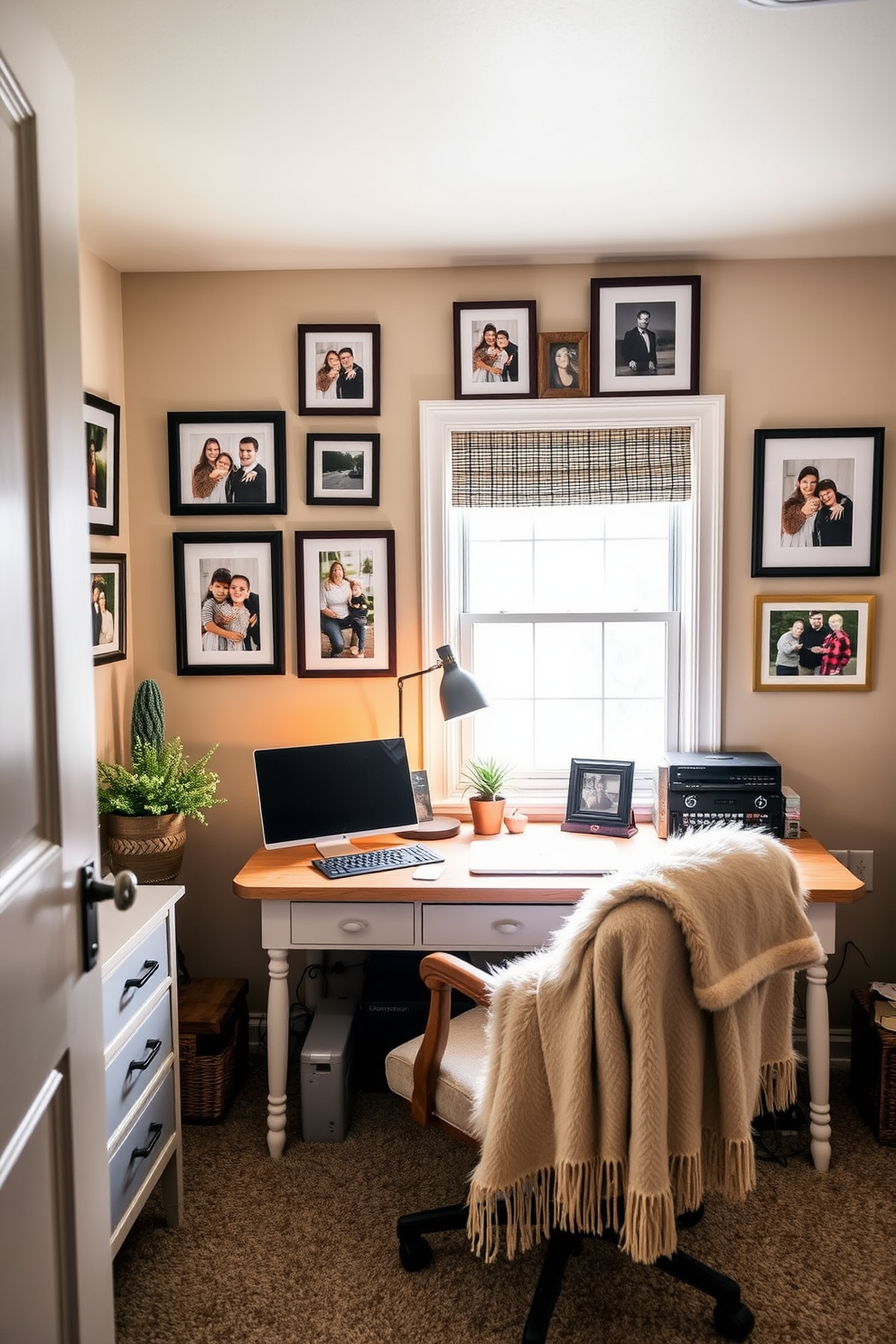 A cozy winter home office features personalized photo displays that add warmth and character to the space. The walls are adorned with framed family pictures and cherished memories, creating an inviting atmosphere that inspires productivity. The desk is positioned near a window, allowing natural light to illuminate the workspace. A plush chair and a soft throw blanket provide comfort, while a small indoor plant adds a touch of greenery to the decor.