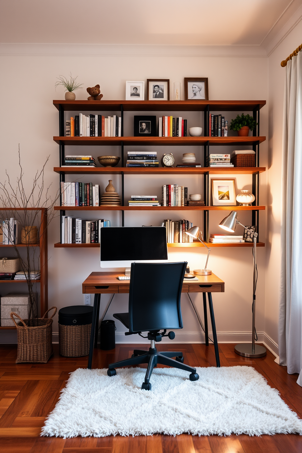 A cozy winter home office setting featuring wall-mounted shelves that maximize space. The shelves are filled with neatly organized books and decorative items, creating a warm and inviting atmosphere. A sturdy wooden desk sits beneath the shelves, accompanied by a comfortable ergonomic chair. Soft, ambient lighting from a stylish desk lamp enhances the serene workspace, while a plush area rug adds warmth to the hardwood floor.
