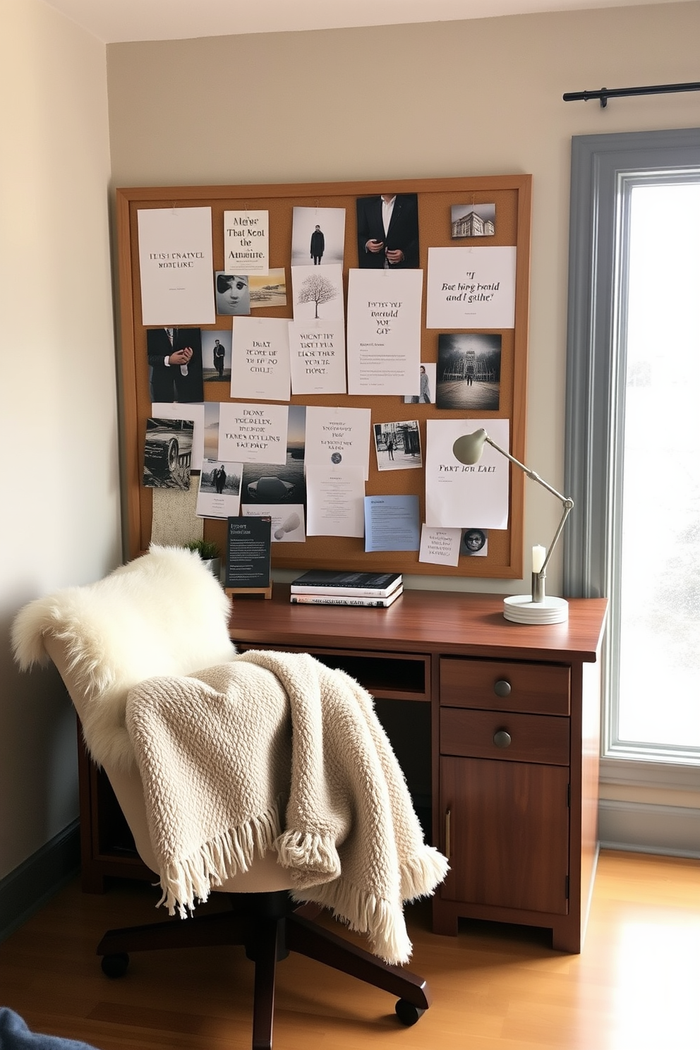 A cozy winter home office setting. There's a large wooden desk with a soft, plush chair and a warm throw blanket draped over it. On the wall behind the desk, a bulletin board is filled with inspiring images, quotes, and fabric swatches. The room is illuminated by a stylish desk lamp and natural light streaming in through a frosted window.