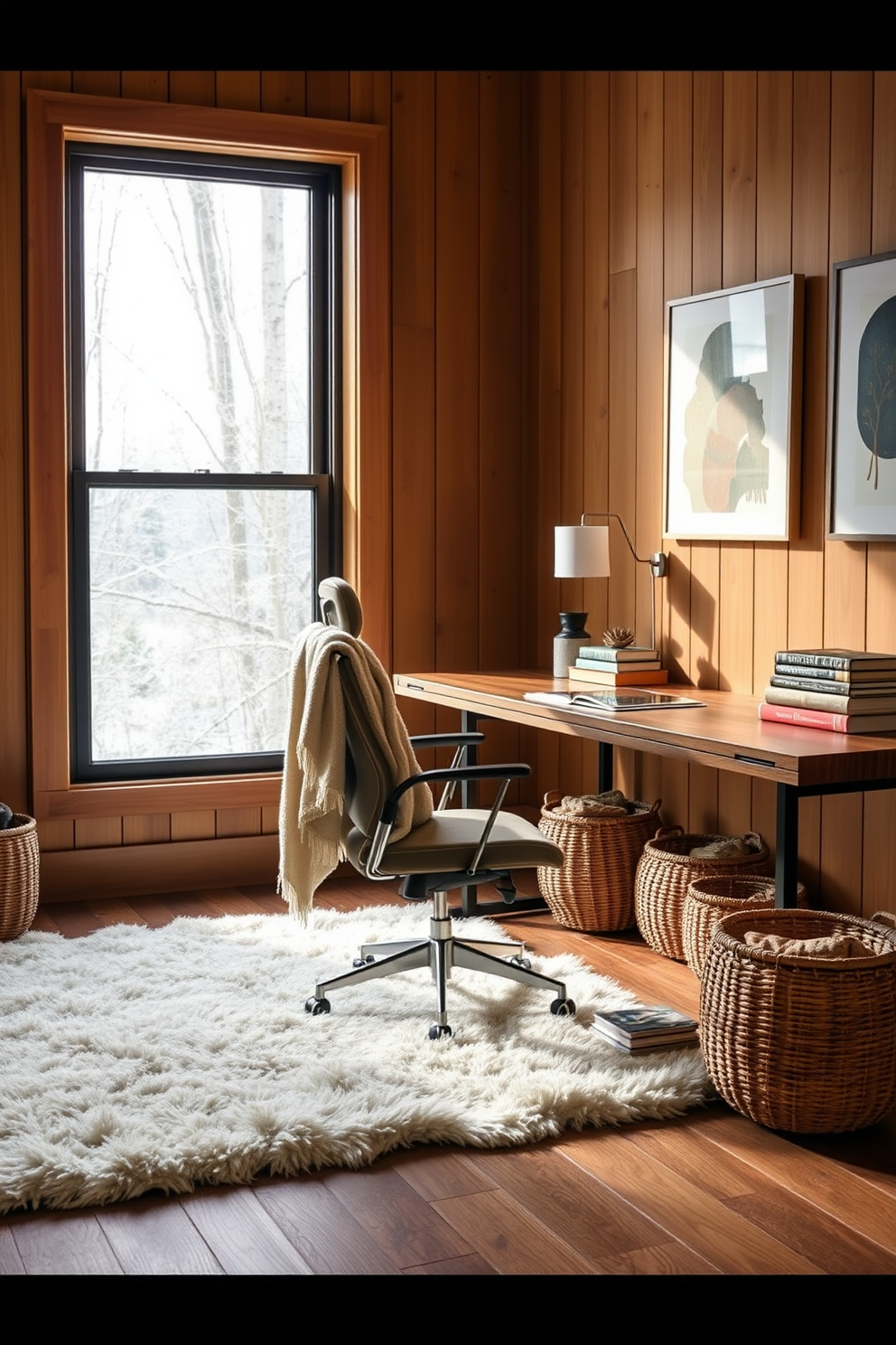 A cozy winter home office with a plush area rug underfoot and a soft throw blanket draped over a modern ergonomic chair. The walls are adorned with warm wood paneling, and a large window lets in natural light, showcasing a view of snowy trees outside. A sleek wooden desk is paired with a velvet-upholstered chair, creating a stylish yet comfortable workspace. Decorative elements include a mix of woven baskets for storage and a stack of colorful books on the desk, adding personality and warmth to the space.
