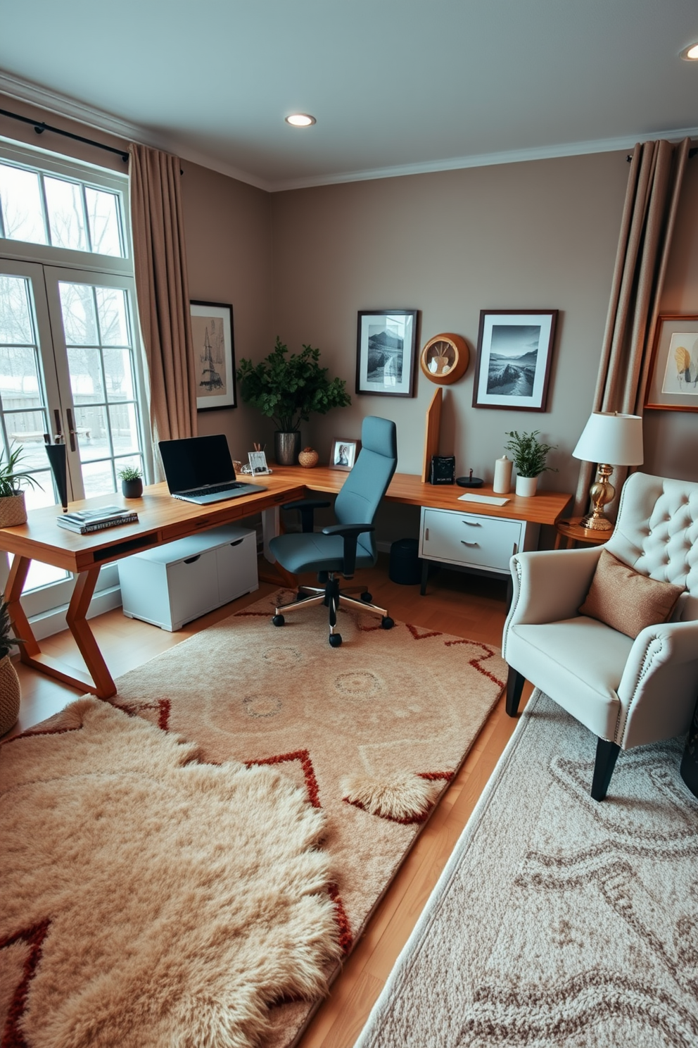 A cozy winter home office setting featuring a large wooden desk with a sleek laptop and a comfortable ergonomic chair. Soft area rugs in warm neutral tones cover the floor, adding comfort and warmth to the space. The walls are adorned with framed artwork and a large window allows natural light to flood in. A plush armchair sits in the corner, accompanied by a small side table and a decorative lamp for a touch of elegance.