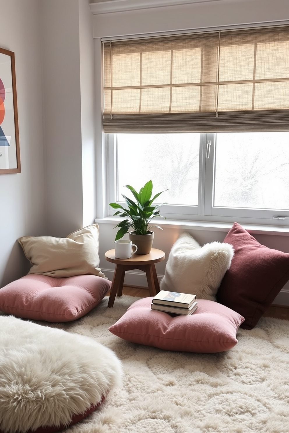Create a cozy corner with floor cushions in a winter home office. The space features a soft, oversized rug in neutral tones, surrounded by plush, colorful cushions that invite relaxation. A small wooden side table holds a steaming mug of tea and a stack of books. Natural light streams through a frosted window, illuminating a potted plant that adds a touch of greenery.