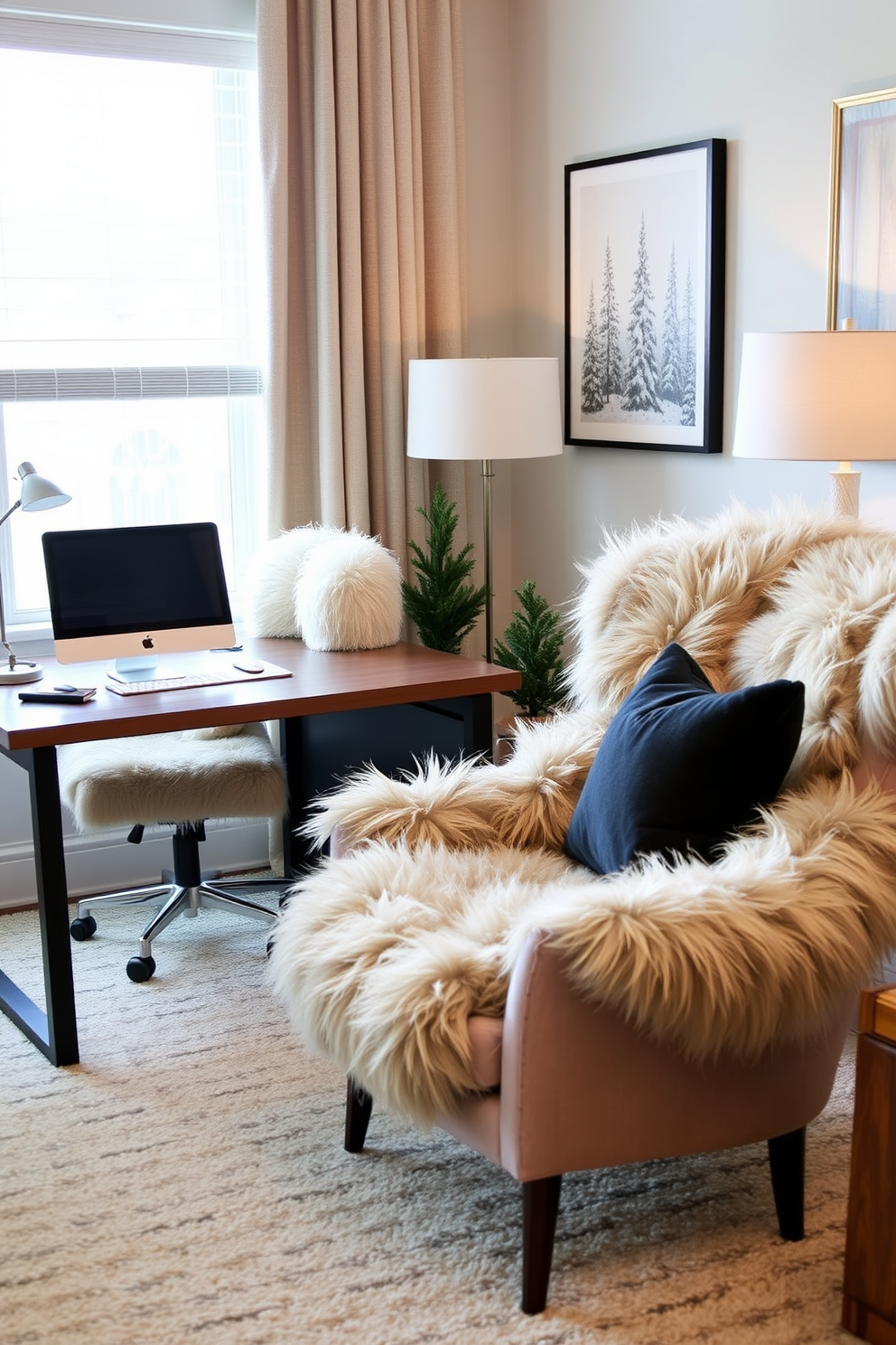 A cozy winter home office with faux fur accents on the office furniture. The desk features a plush faux fur chair paired with a sleek wooden table, creating a warm and inviting workspace. Soft faux fur throws are draped over a stylish armchair in the corner, adding texture and comfort. The room is decorated with winter-themed artwork and a small potted evergreen to enhance the seasonal ambiance.