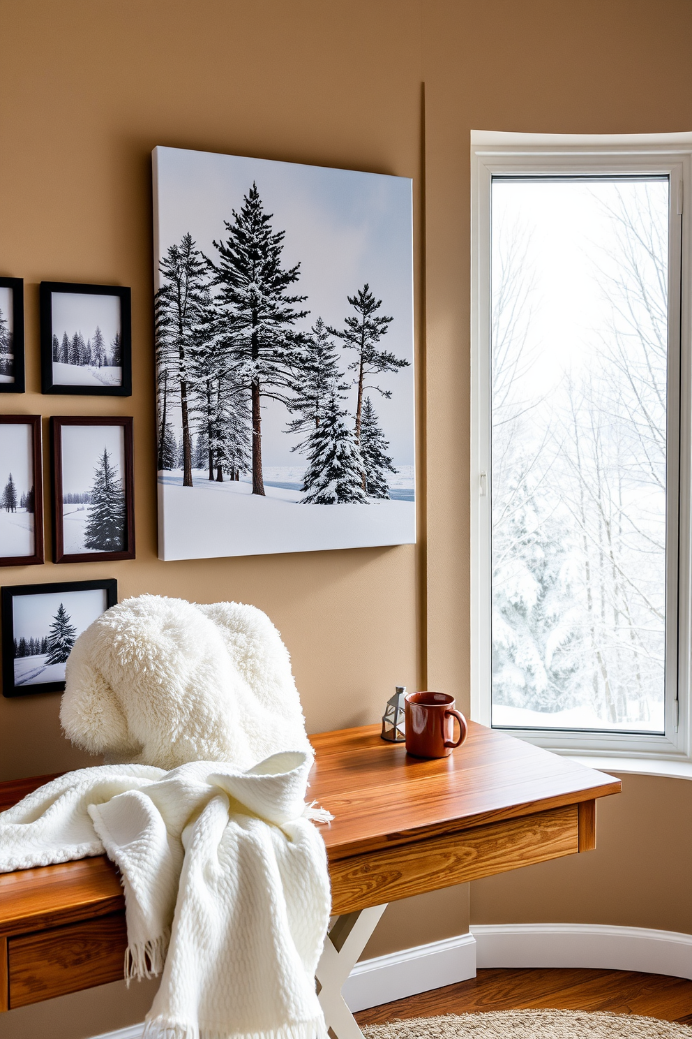 A cozy winter-themed wall art display features a large canvas depicting a snowy landscape with pine trees and a soft blue sky. Surrounding the canvas are smaller framed prints of winter scenes, all in a cohesive color palette of whites, blues, and greys. In a winter home office, a wooden desk is adorned with a fluffy white throw and a steaming mug of cocoa. The walls are painted in a warm taupe, and a large window lets in natural light, showcasing a view of snow-covered trees outside.