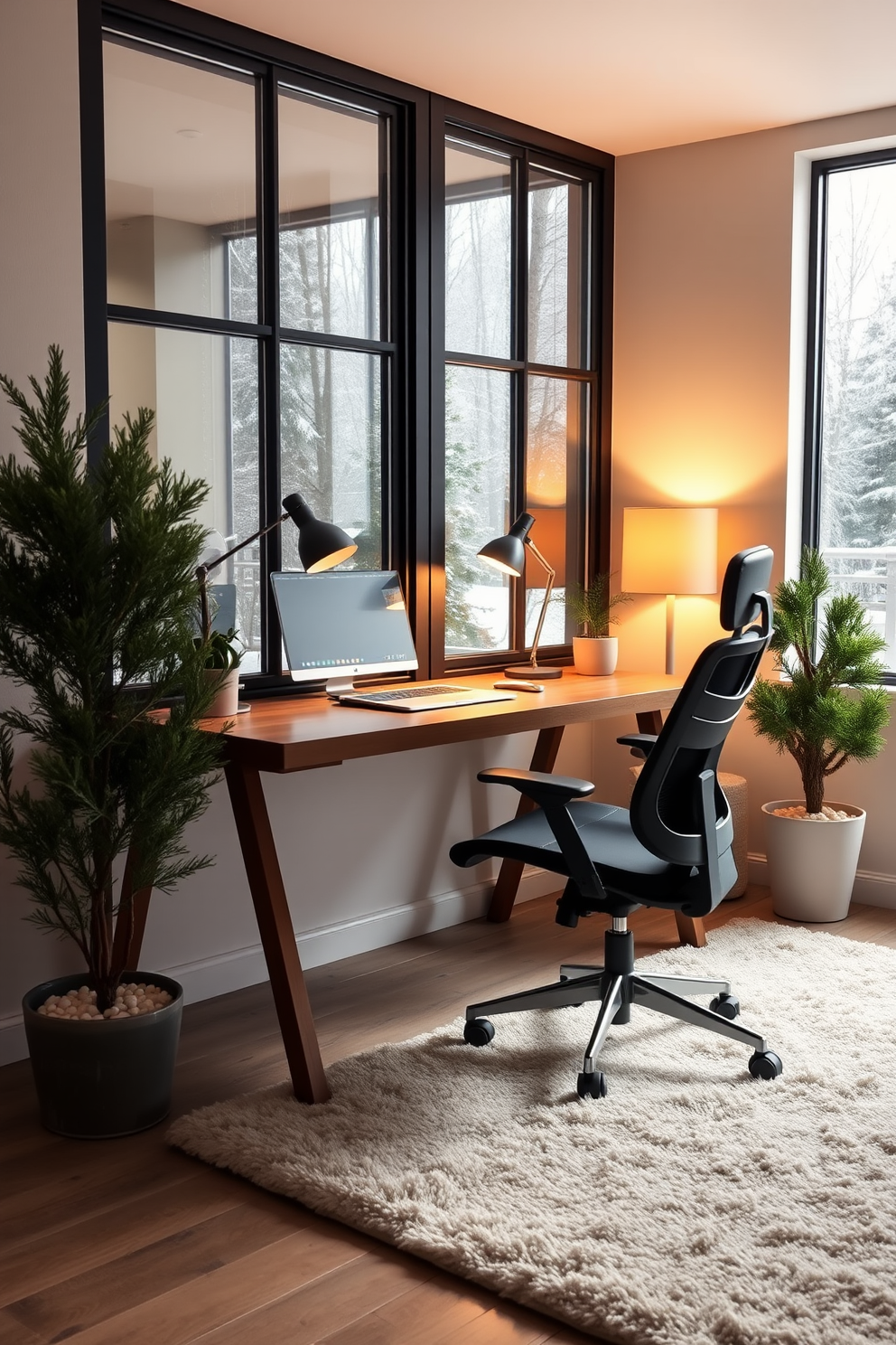 A cozy winter home office features a sleek wooden desk positioned near a large window, allowing natural light to flood the space. On the desk, a stylish lamp casts a warm glow, while a comfortable ergonomic chair invites productivity. The walls are adorned with soft, neutral tones, complemented by a plush area rug that adds warmth underfoot. Potted evergreen plants are strategically placed around the room, bringing a touch of freshness and life to the winter setting.