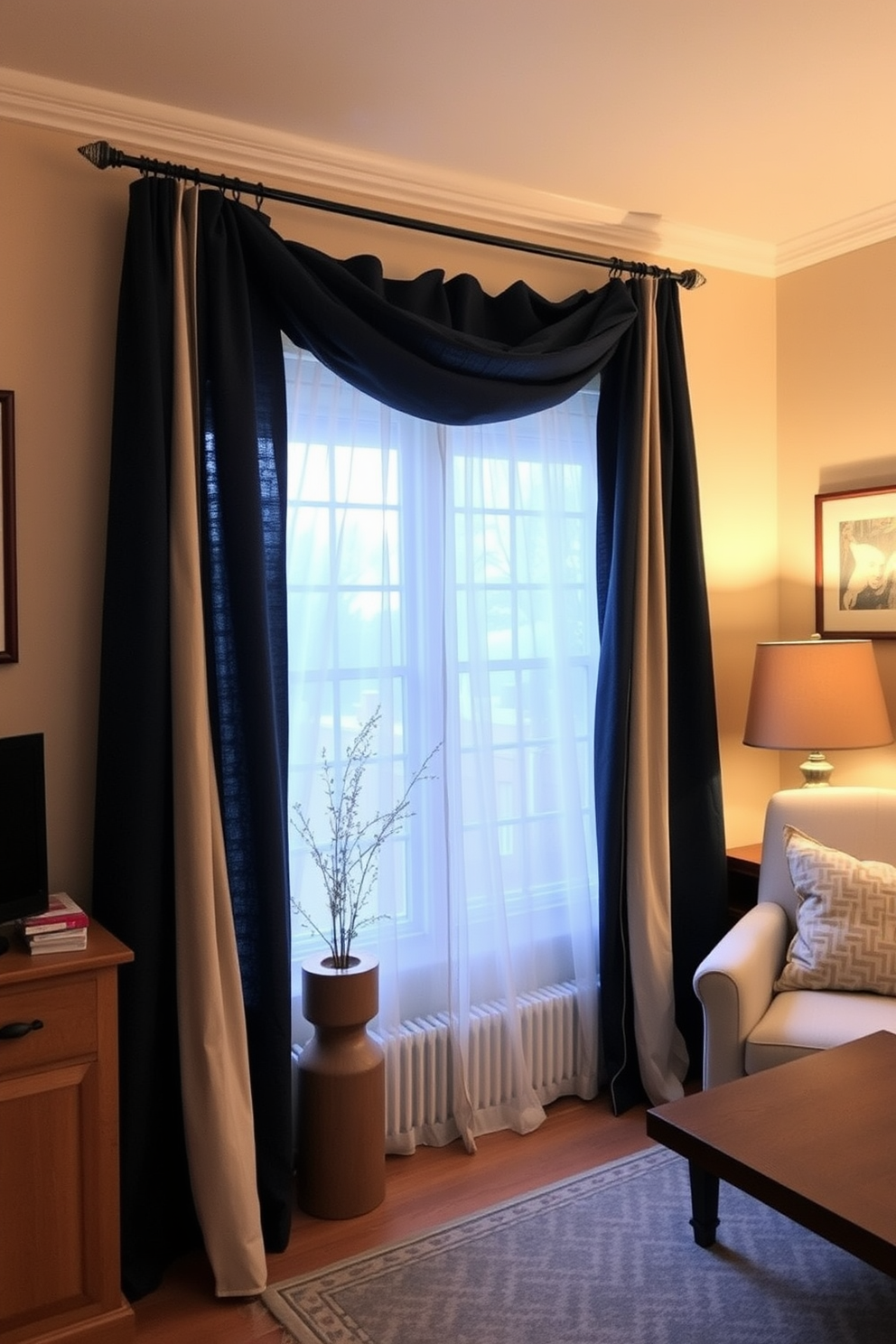 A cozy winter home office featuring layered curtains for added insulation. The curtains are a rich navy blue with a sheer white layer underneath, allowing soft light to filter through while providing warmth.