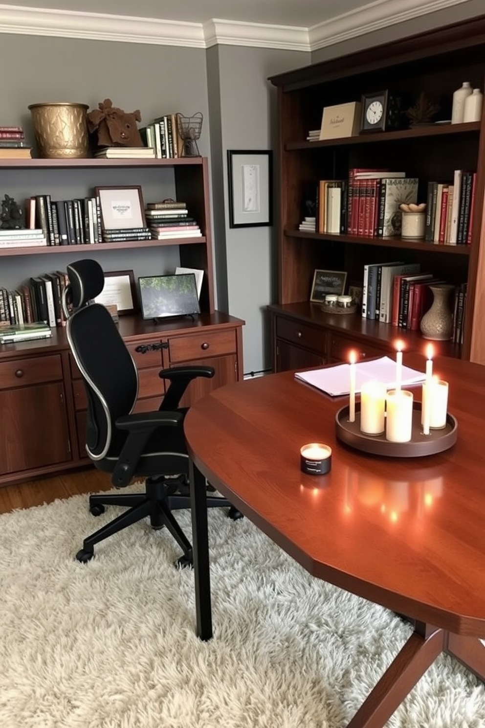 A cozy winter home office setting. The room features a large wooden desk with a comfortable ergonomic chair, surrounded by shelves filled with books and decorative items. On the desk, there are seasonal scented candles arranged in a cluster, casting a warm glow. The walls are painted in a soft gray, and a plush area rug lies underfoot to add comfort and warmth.