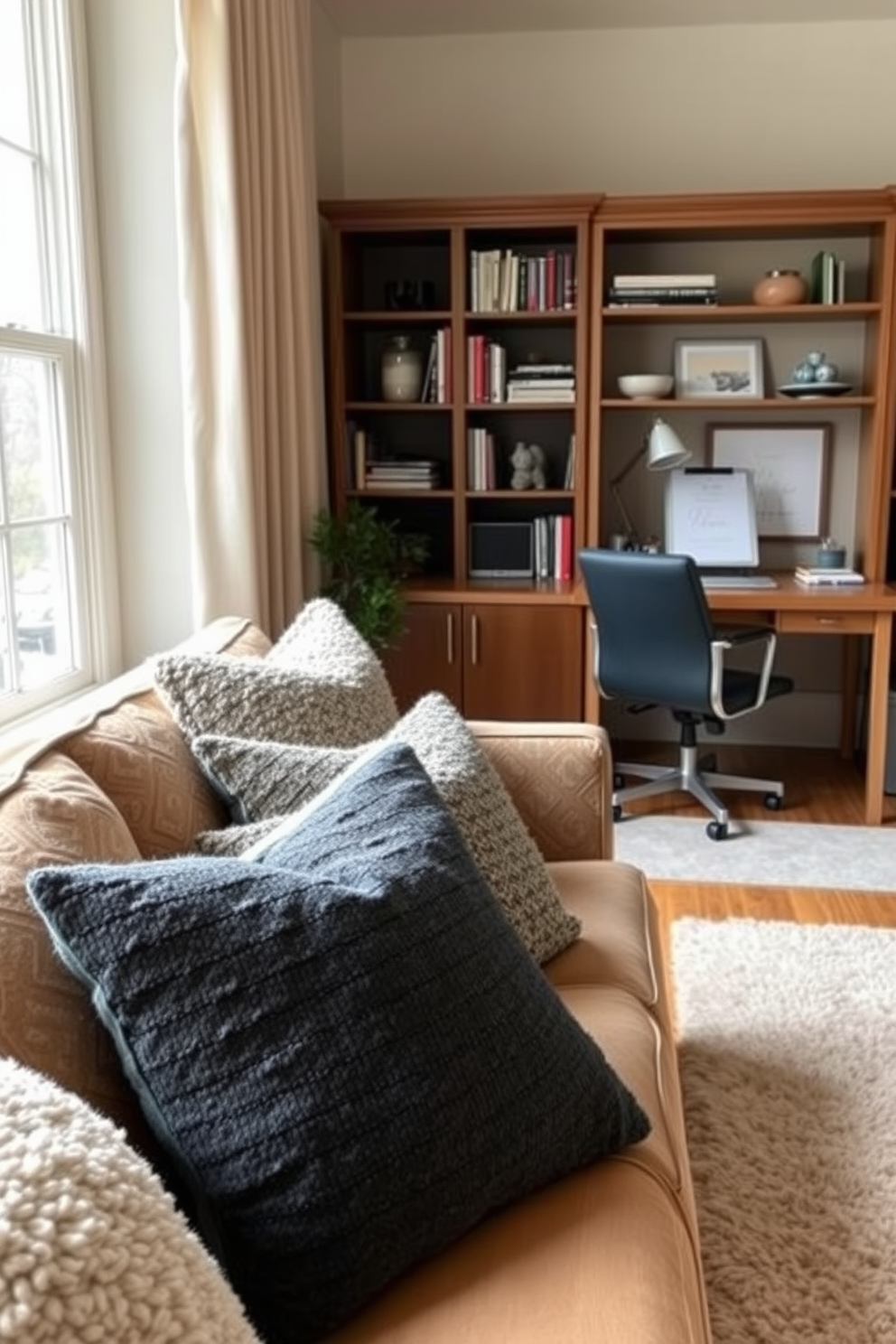 Textured cushions in winter colors are arranged on a cozy sofa, creating a warm and inviting atmosphere. The cushions feature rich hues of deep blue, forest green, and warm gray, adding depth and comfort to the space. The winter home office is designed with a large wooden desk positioned near a window, allowing natural light to flood the area. A plush area rug in soft neutral tones anchors the space, while a stylish bookshelf filled with books and decorative items adds personality to the room.