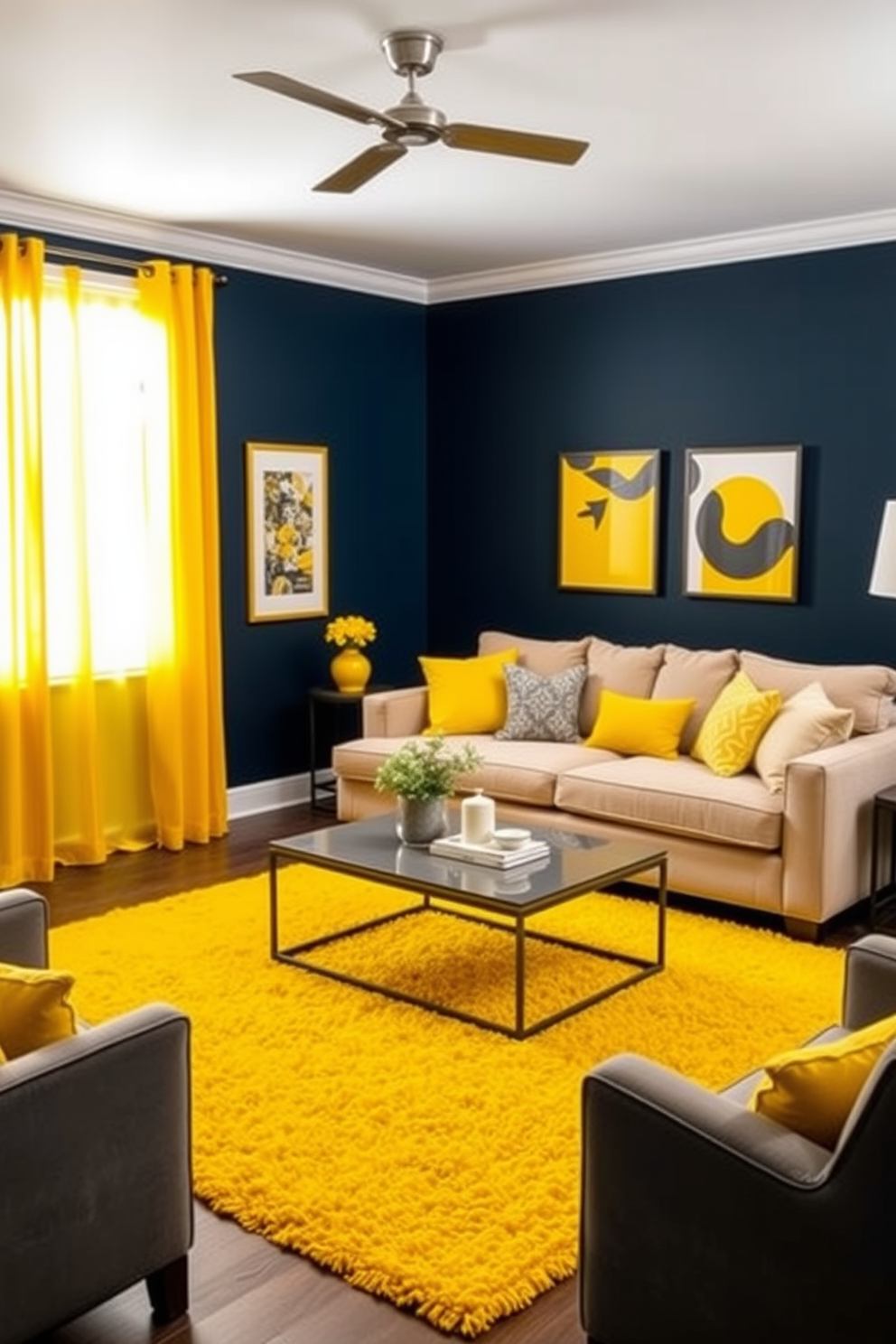 A cozy man cave featuring sunshine yellow rugs that add warmth and comfort to the space. The walls are painted in a deep navy blue, contrasting beautifully with the vibrant yellow accents throughout the room. A plush sectional sofa in a neutral tone is centered around a modern coffee table, creating an inviting gathering area. Decorative throw pillows in various shades of yellow and gray enhance the overall aesthetic while providing additional comfort.