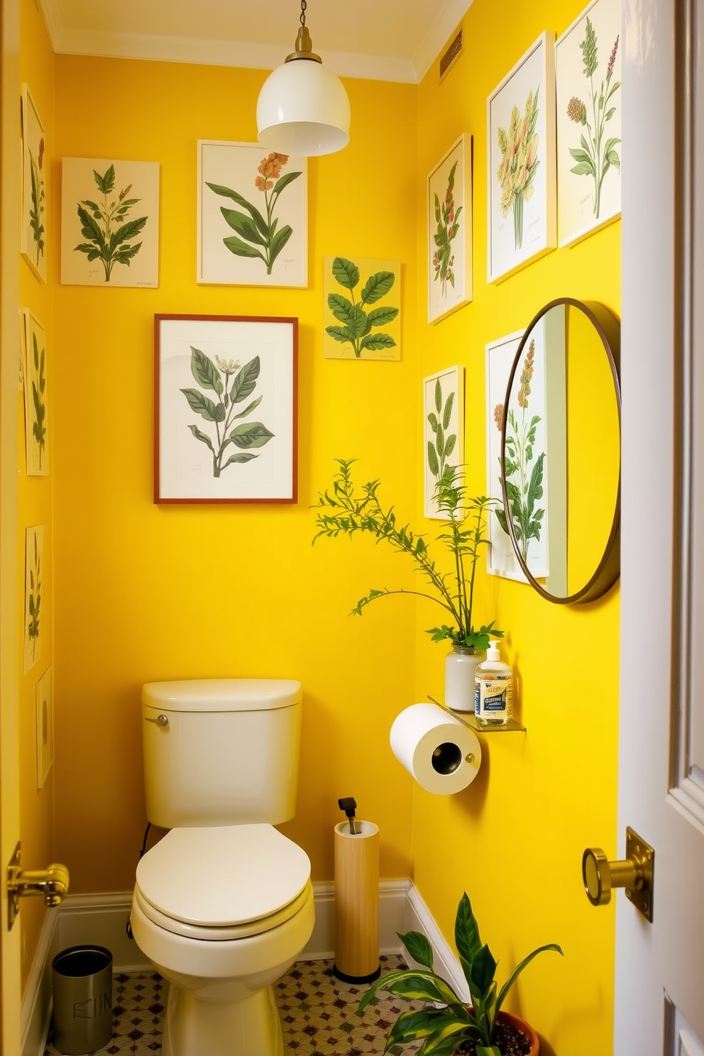 A vibrant powder room featuring yellow walls adorned with botanical prints. The space is accented with green plants and accessories, creating a fresh and inviting atmosphere.